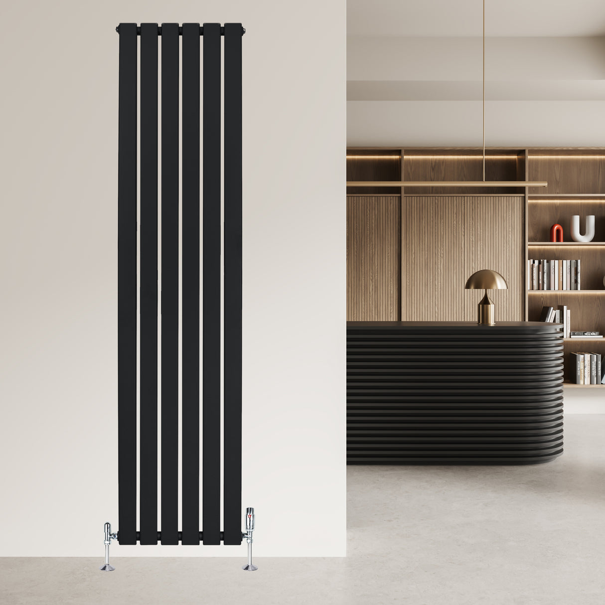 Zwarte design radiator met vlakke panelen, 1 kolom, 1800 x 420mm, inclusief haakse thermostaatkraan, moderne uitstraling