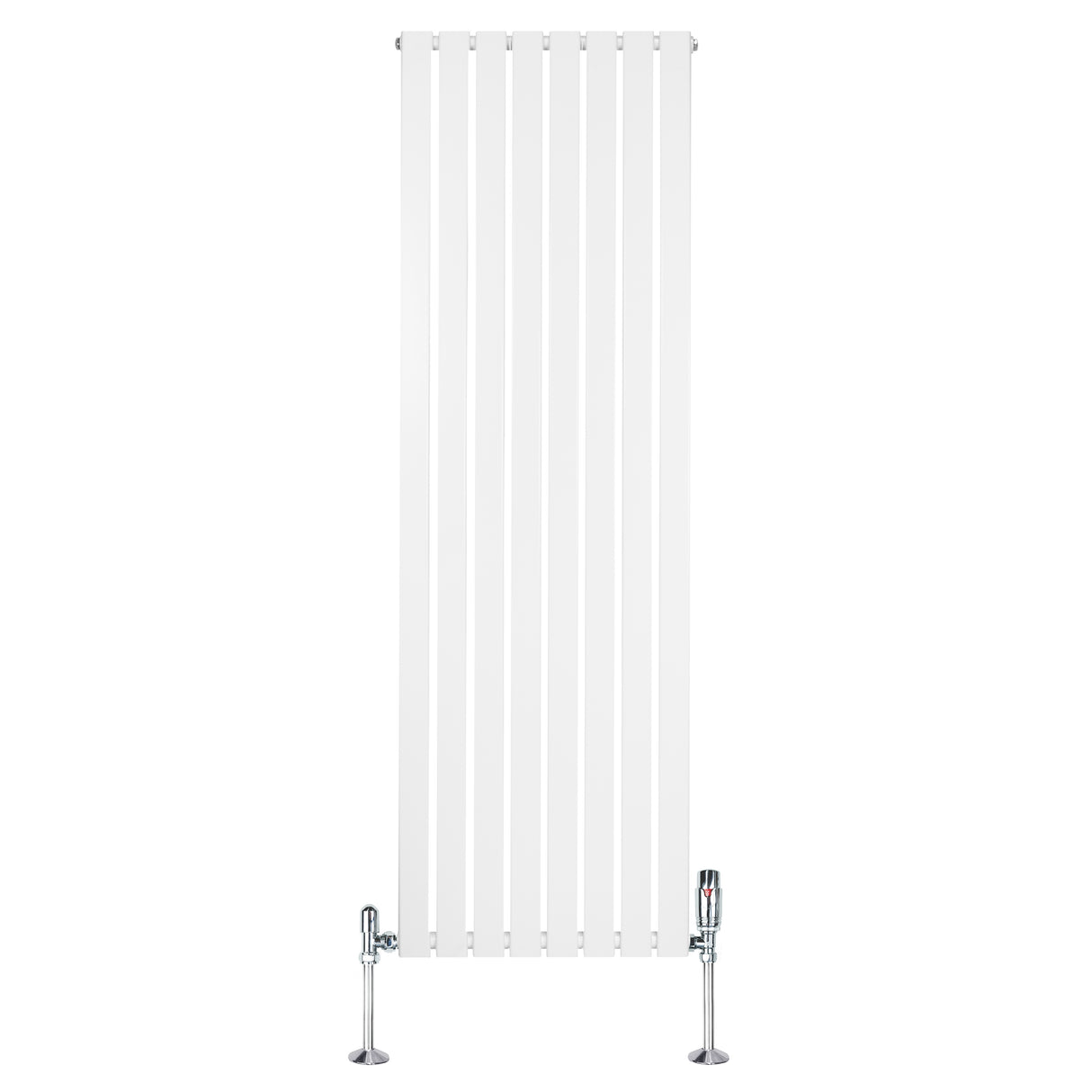 Witte designradiator met vlakke panelen, 1 kolom, afmetingen 1800 x 560mm, inclusief haakse thermostaatkraan en glanzende voetstukken