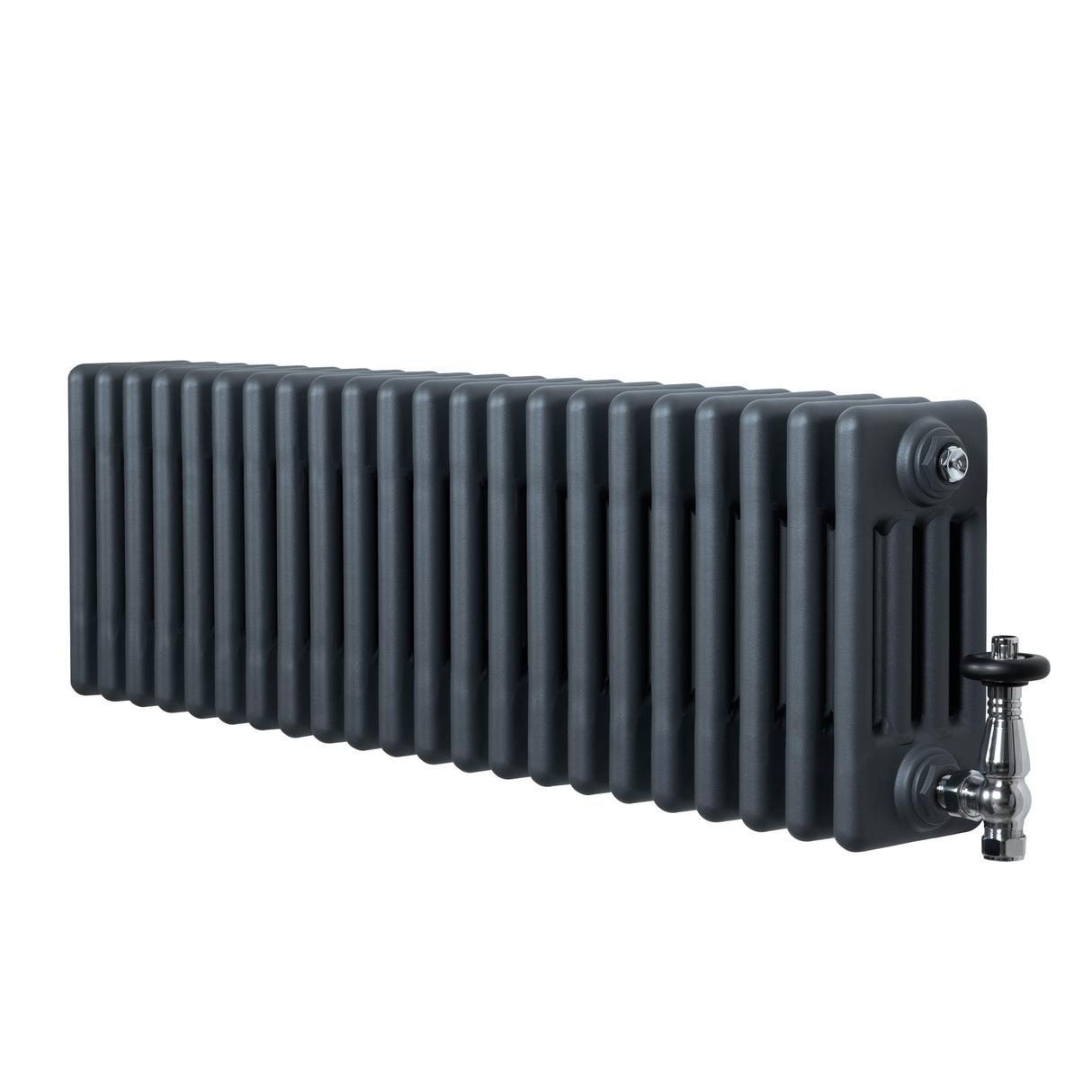 Traditionele 4-kolom radiator in antraciet grijs, met een strakke afwerking en haakse thermostaatkraan aan de zijkant