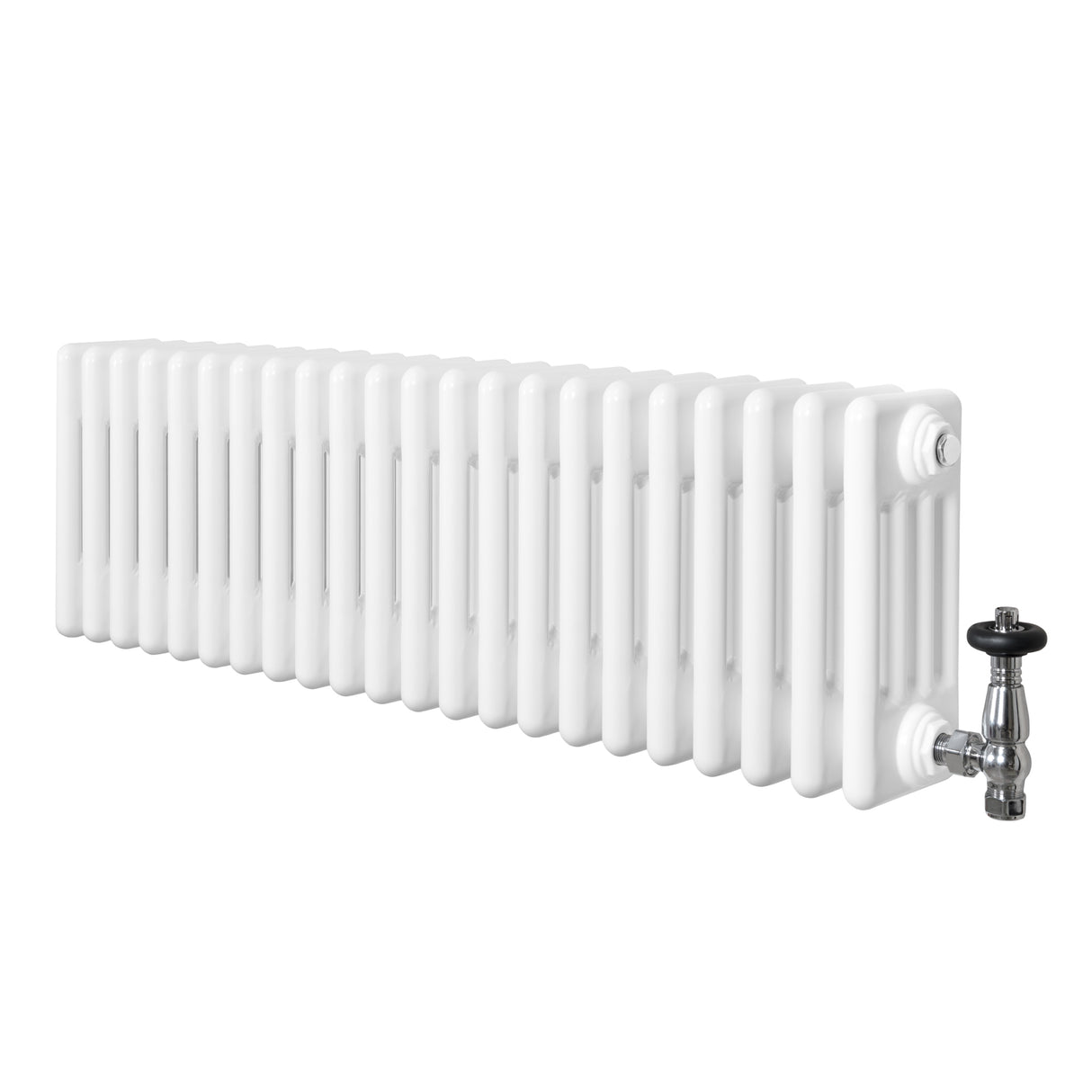 Traditionele witte 4-kolom radiator van 300 x 1010 mm met glanzende afwerking en haakse thermostaatkraan aan de zijkant