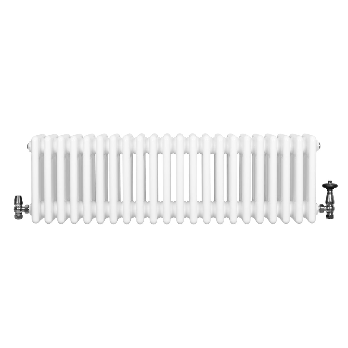 Traditionele witte 4-kolom radiator van 300 x 1010 mm met glanzende afwerking en haakse thermostaatkraan aan de zijkant