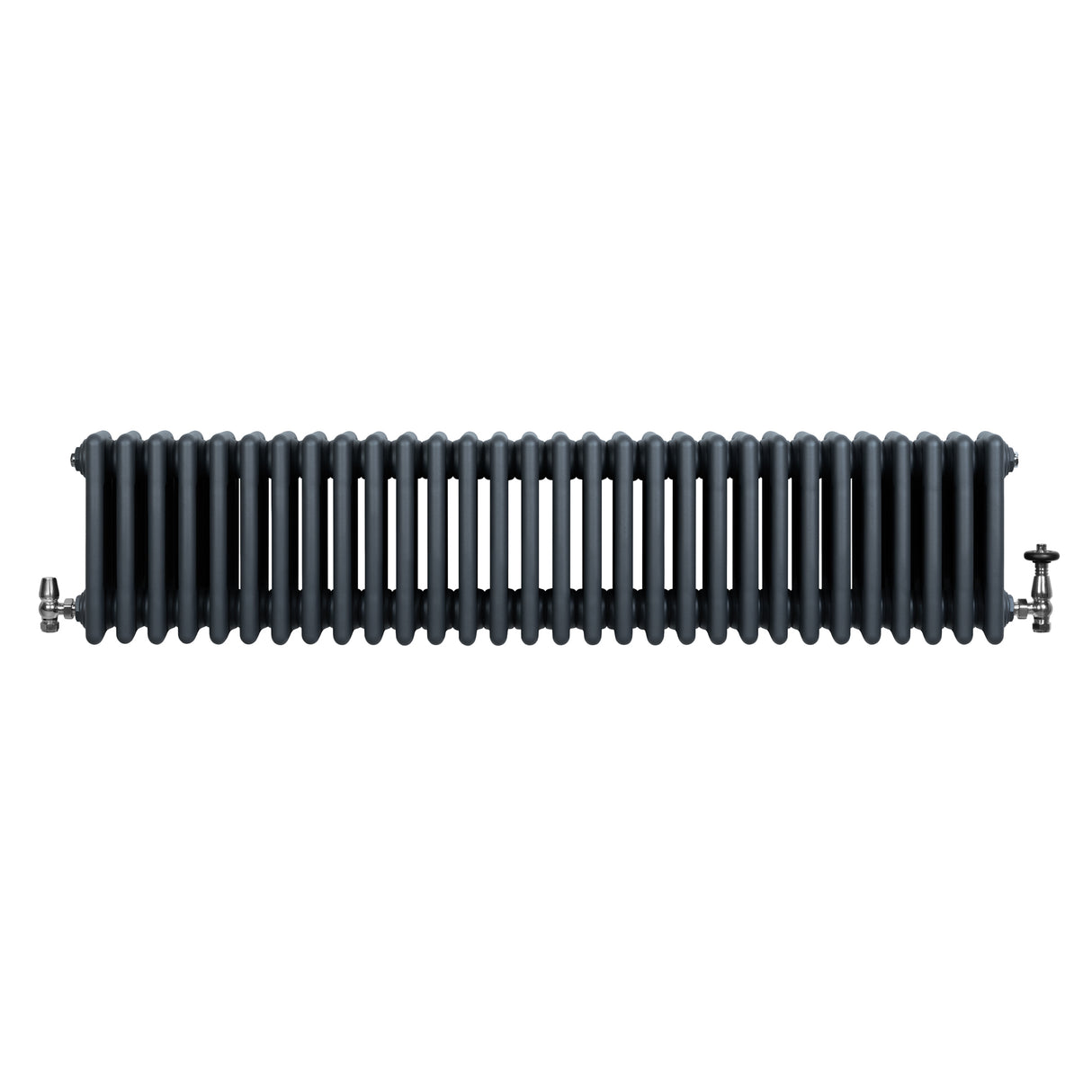 Traditionele 4-kolom radiator in antracietgrijs, 300 x 1370 mm, met haakse thermostaatkraan en een gestreept, metalen ontwerp