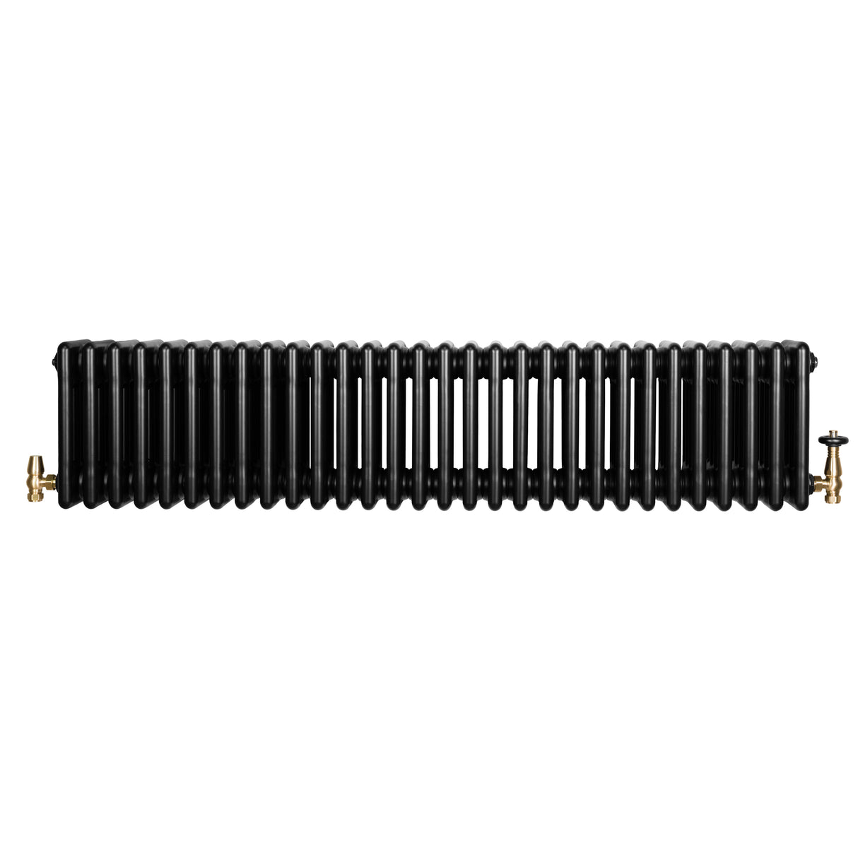 Traditionele zwarte 4-kolom radiator van 300 x 1370 mm met glanzende afwerking en haakse thermostaatkraan aan de zijkant