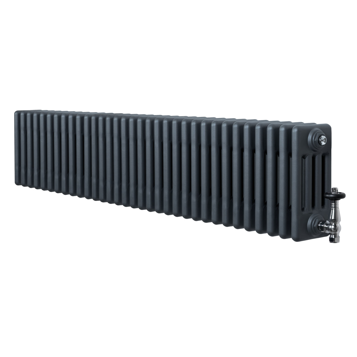 Traditionele 4-kolom radiator in antraciet grijs, 300 x 1505 mm, met haakse thermostaatkraan en een strakke, moderne uitstraling