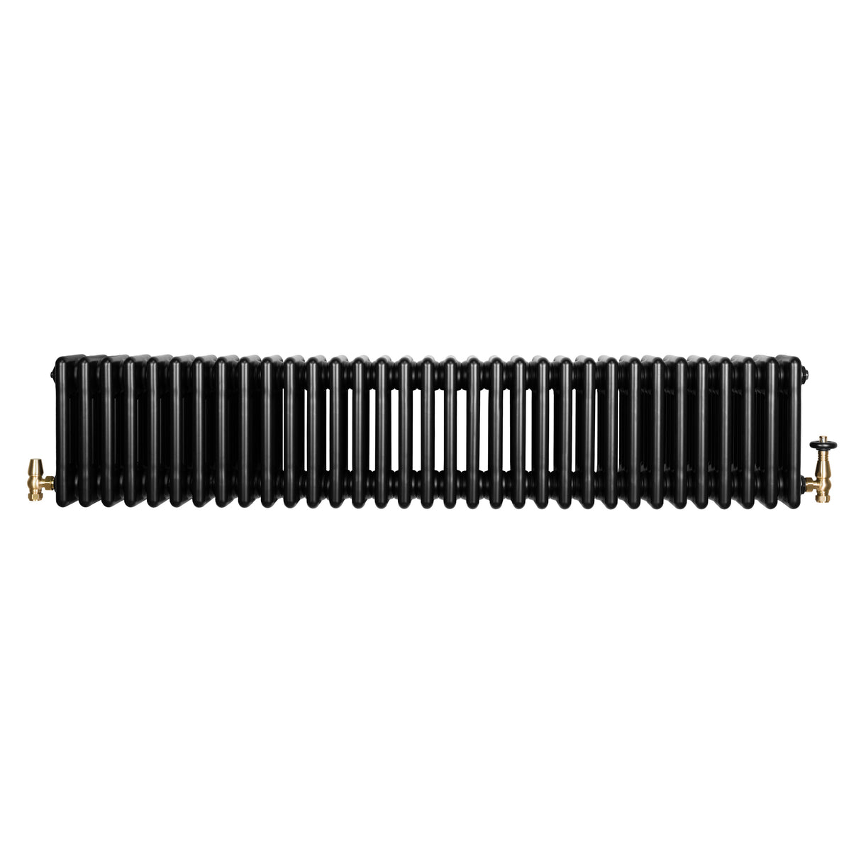 Traditionele zwarte 4-kolom radiator van 300 x 1505 mm met een glanzende afwerking en haakse thermostaatkraan aan de zijkant