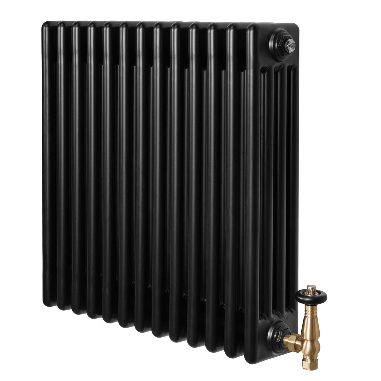 Traditionele zwarte 4-kolom radiator van 600 x 605 mm met een glanzende afwerking en een haakse thermostaatkraan aan de onderzijde