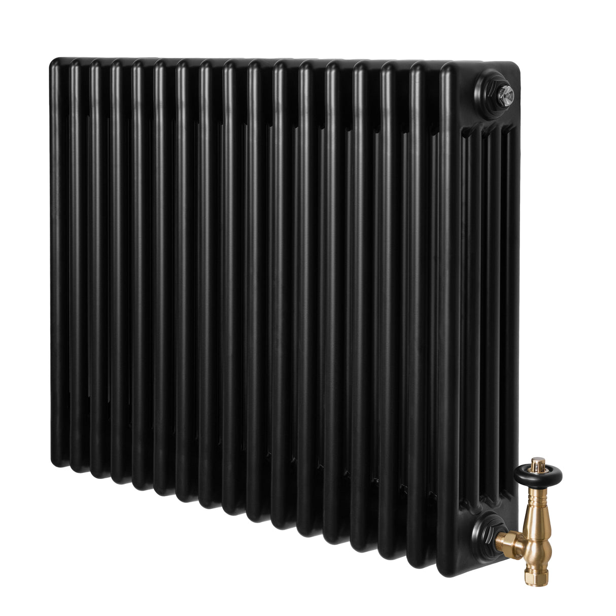 Traditionele zwarte 4-kolom radiator van 600 x 785 mm met een haakse thermostaatkraan en een gladde, glanzende afwerking