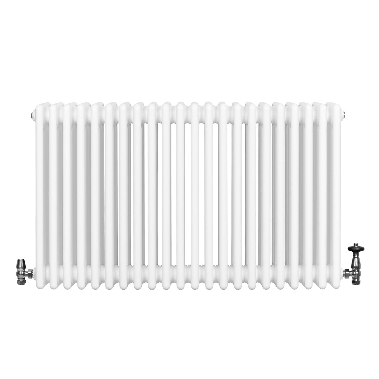 Traditionele witte 4-kolom radiator van 600 x 1010 mm met glanzende afwerking en haakse thermostaatkraan aan de rechterkant