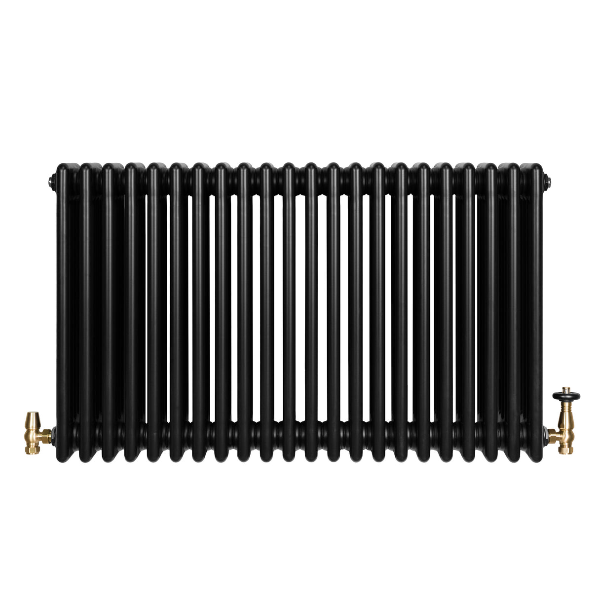 Traditionele zwarte 4-kolom radiator van 600 x 1010 mm met glanzende afwerking en haakse thermostaatkraan aan de zijkant