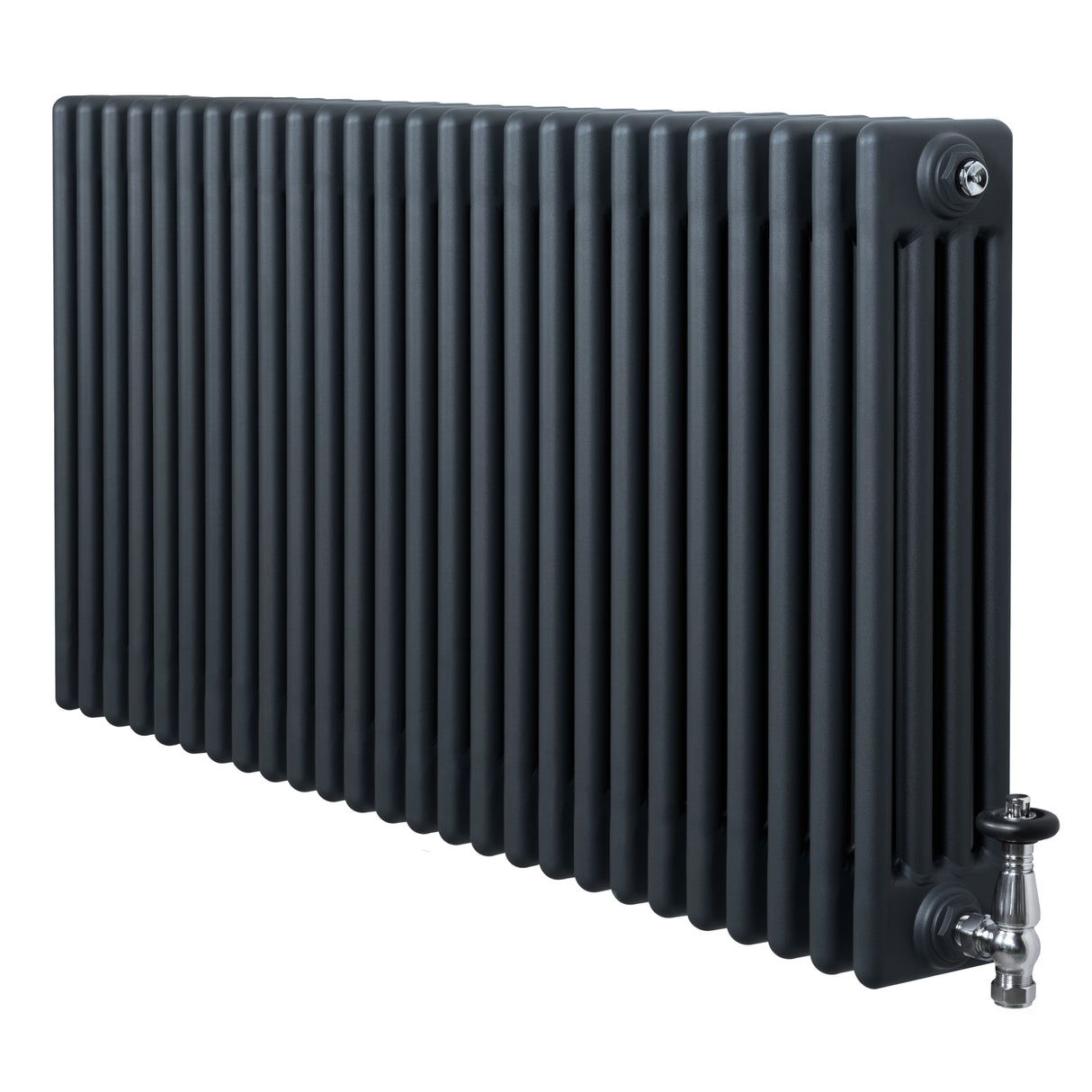 Traditionele antraciet grijze 4-kolom radiator van 600 x 1190 mm met haakse thermostaatkraan en een gladde, stevige afwerking