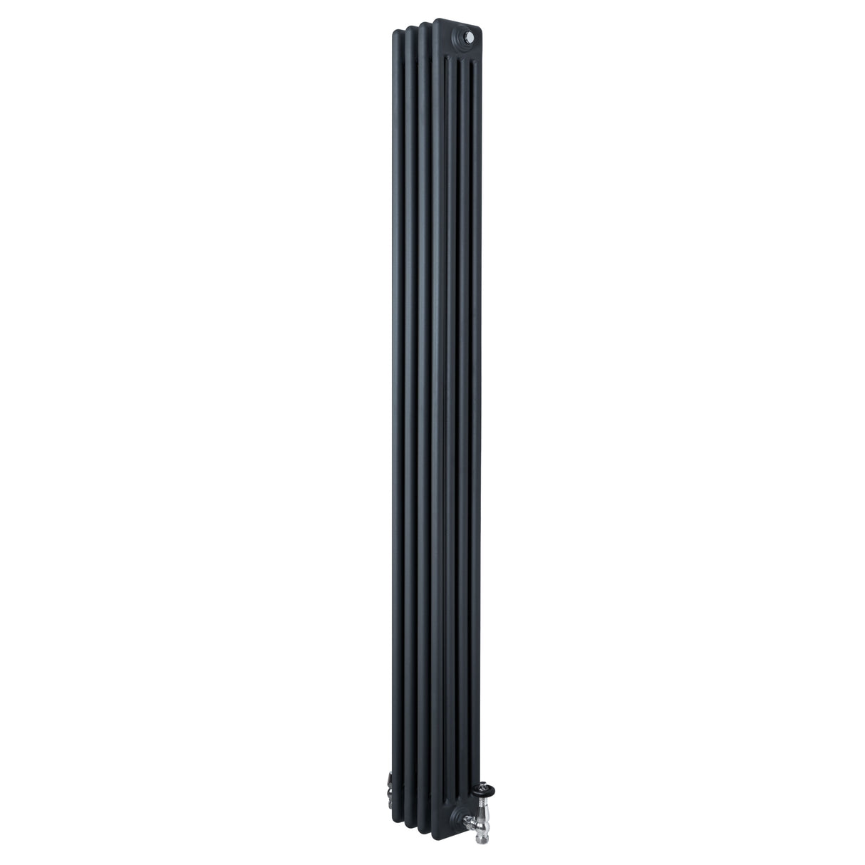 Traditionele antraciet grijze 4-kolom radiator van 1800 x 200 mm met haakse thermostaatkraan en verticale ribbelstructuur