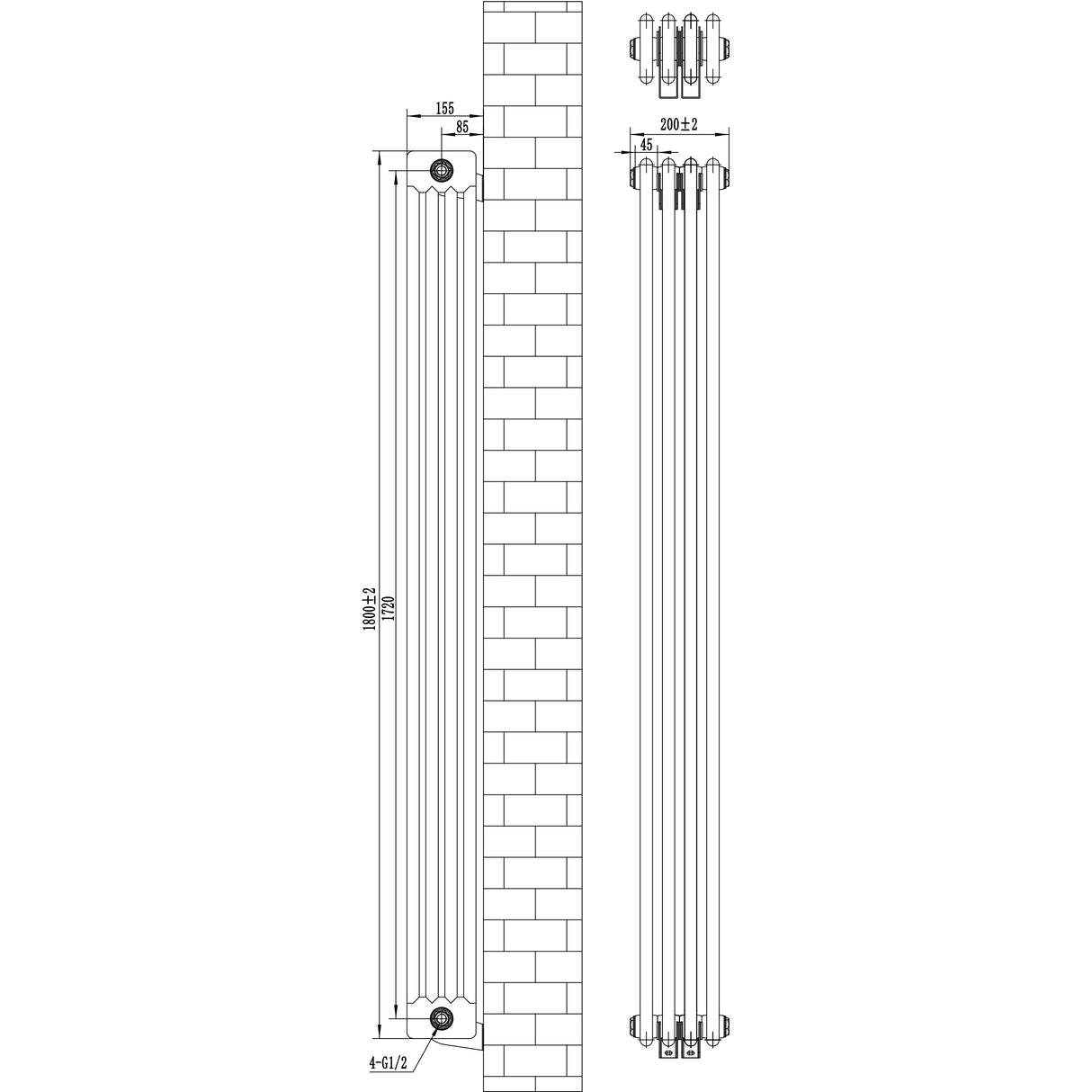Traditionele 4-kolom radiator in antraciet grijs, 1800 x 200 mm, met haakse thermostaatkraan en gedetailleerde afmetingen