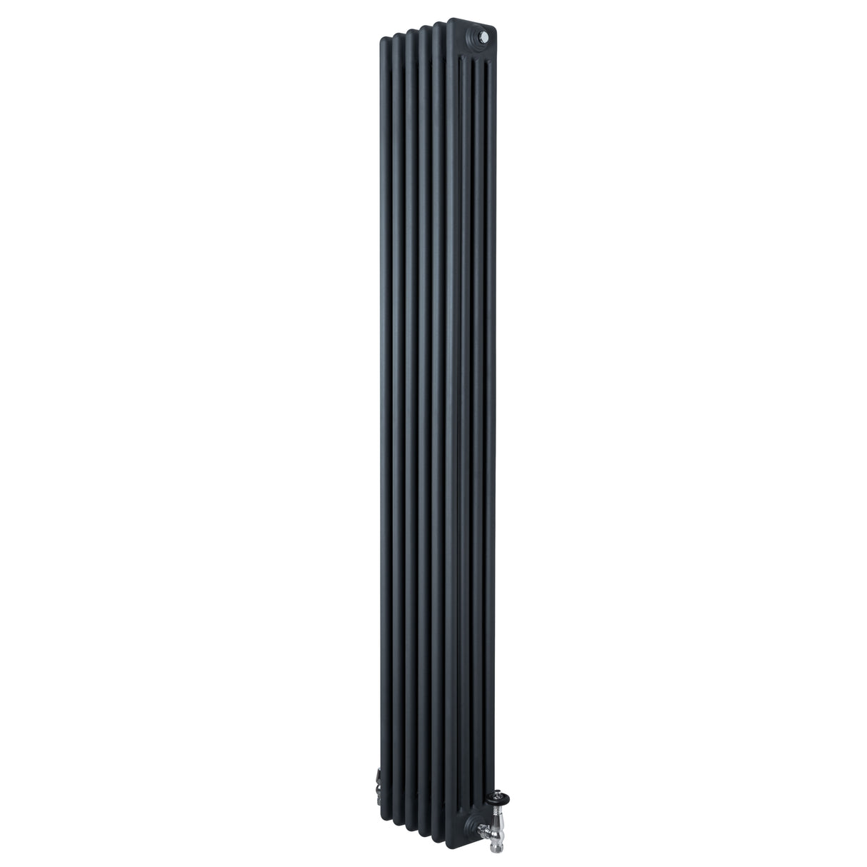 Traditionele antraciet grijze 4-kolom radiator van 1800 x 290 mm met een haakse thermostaatkraan, strak en modern ontwerp