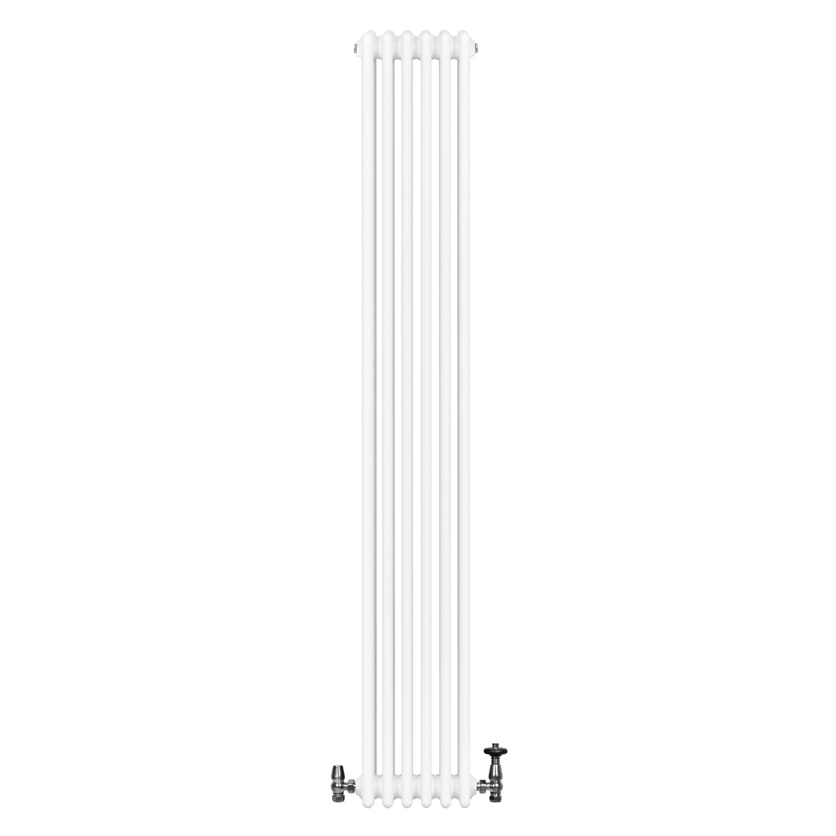 Traditionele witte 4-kolom radiator van 1800 x 290 mm met haakse thermostaatkraan, strak en modern ontwerp met gladde afwerking
