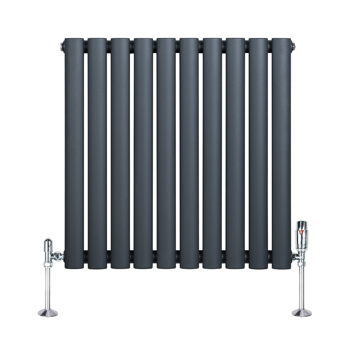Ovale design radiator in antraciet grijs, 1 kolom, met haakse thermostaatkraan en moderne, strakke lijnen voor een stijlvolle uitstraling