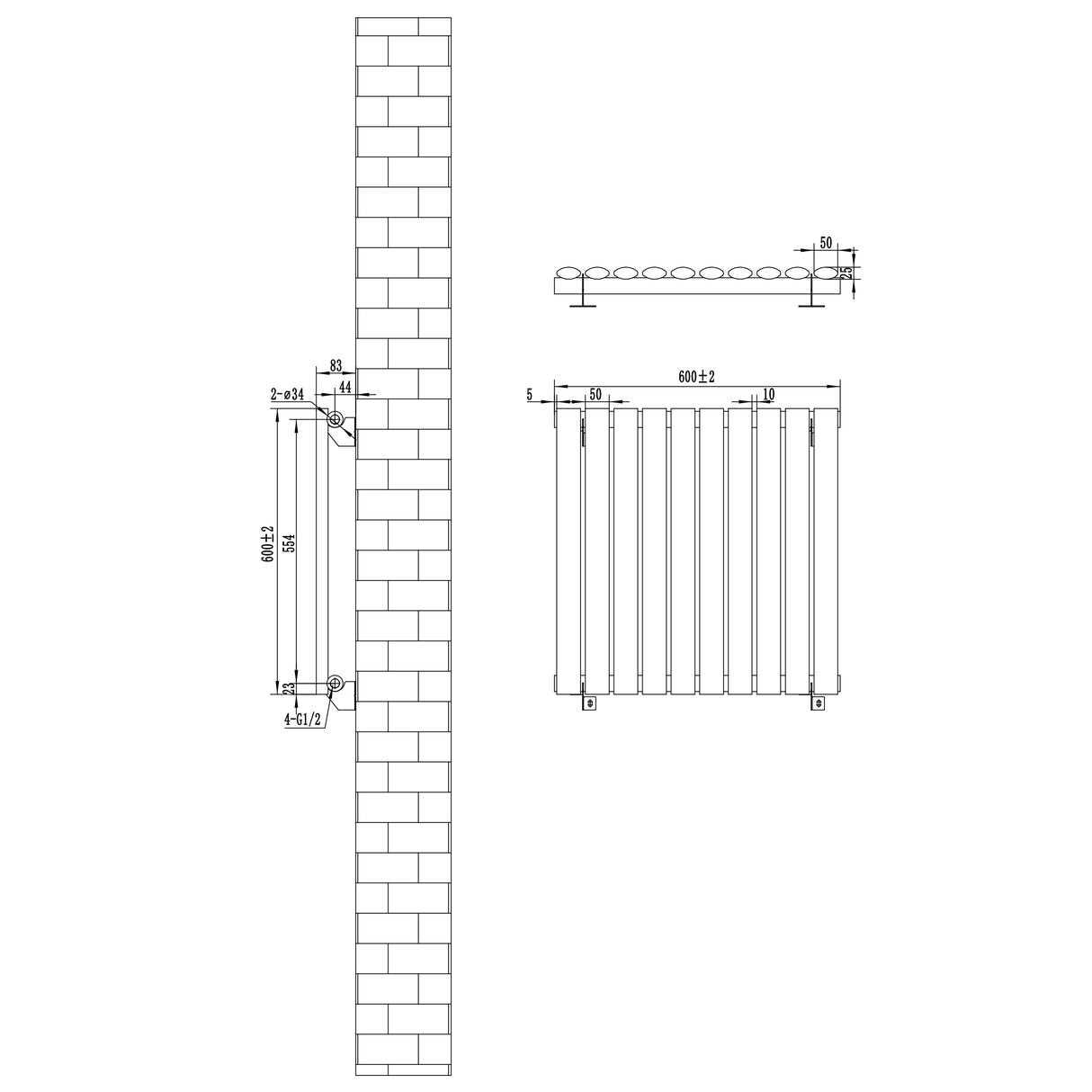 Ovale design radiator in antraciet grijs, 1 kolom, met haakse thermostaatkraan en technische afmetingen weergegeven in het ontwerp