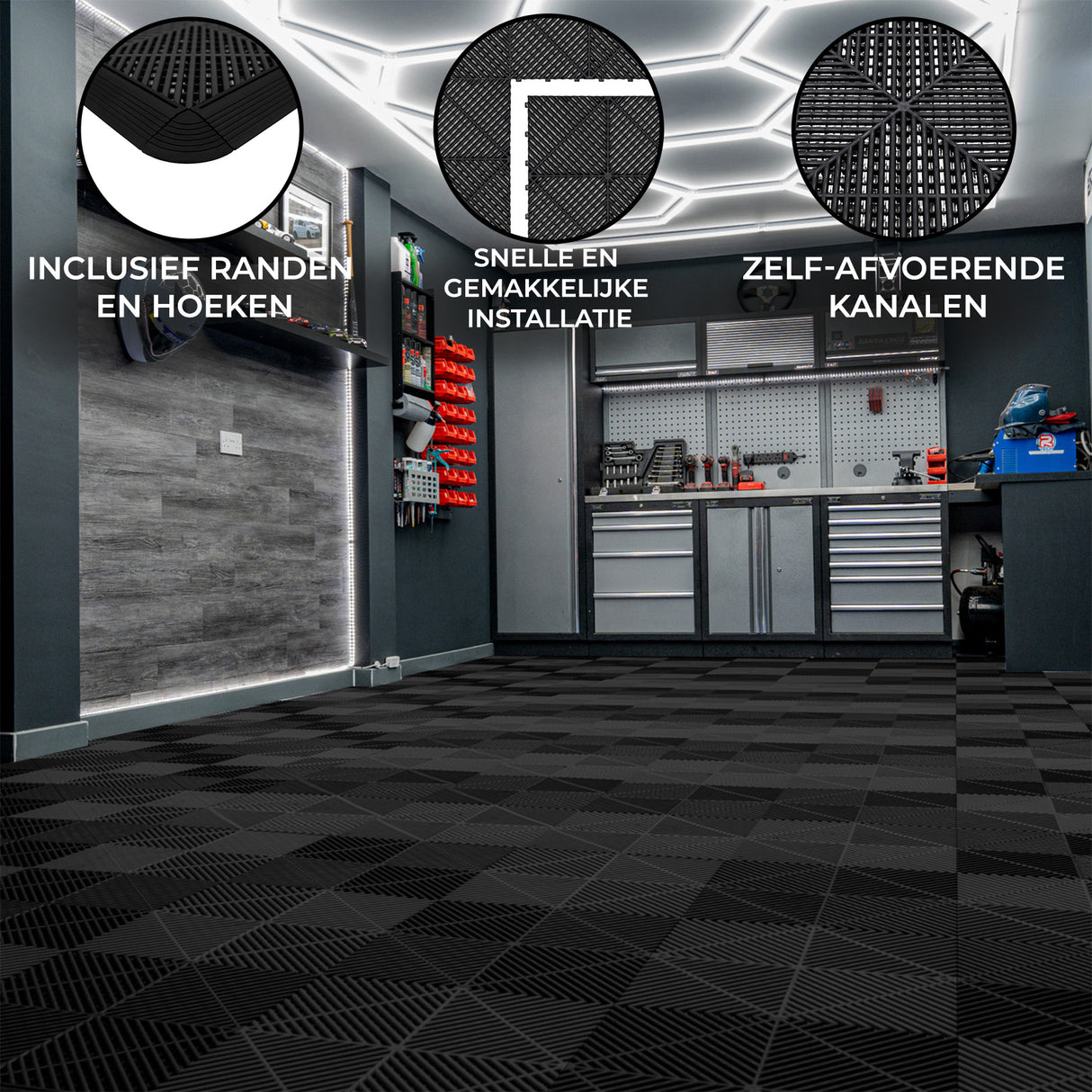 Geventileerde Kliktegels 3,2m x 6m voor Garage en Werkplaatsen, Antislip - 120 Zwart