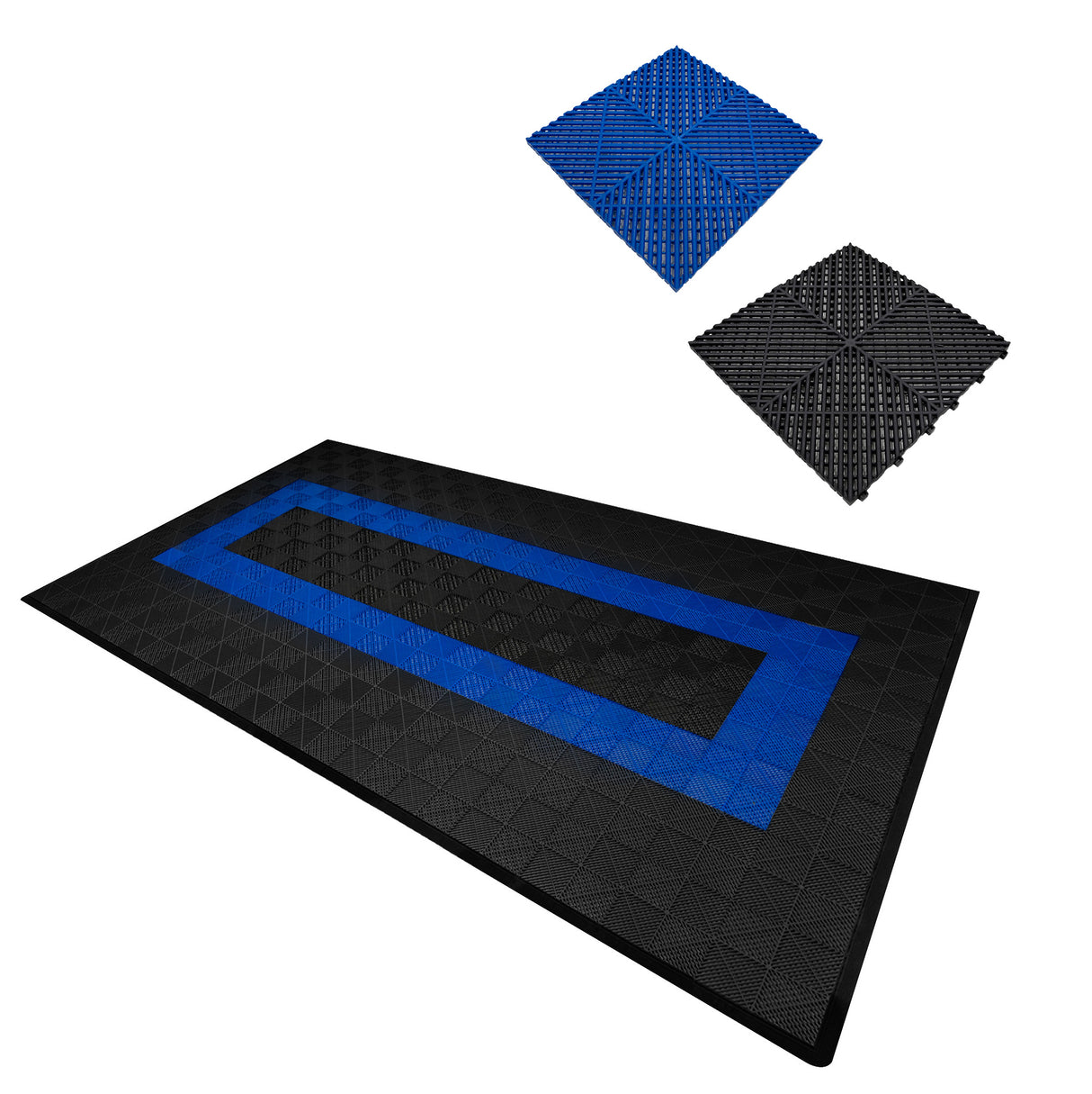 Geventileerde Kliktegels 3,2m x 6m voor Garage en Werkplaatsen, Antislip - 90 Zwart en 30 Blauw