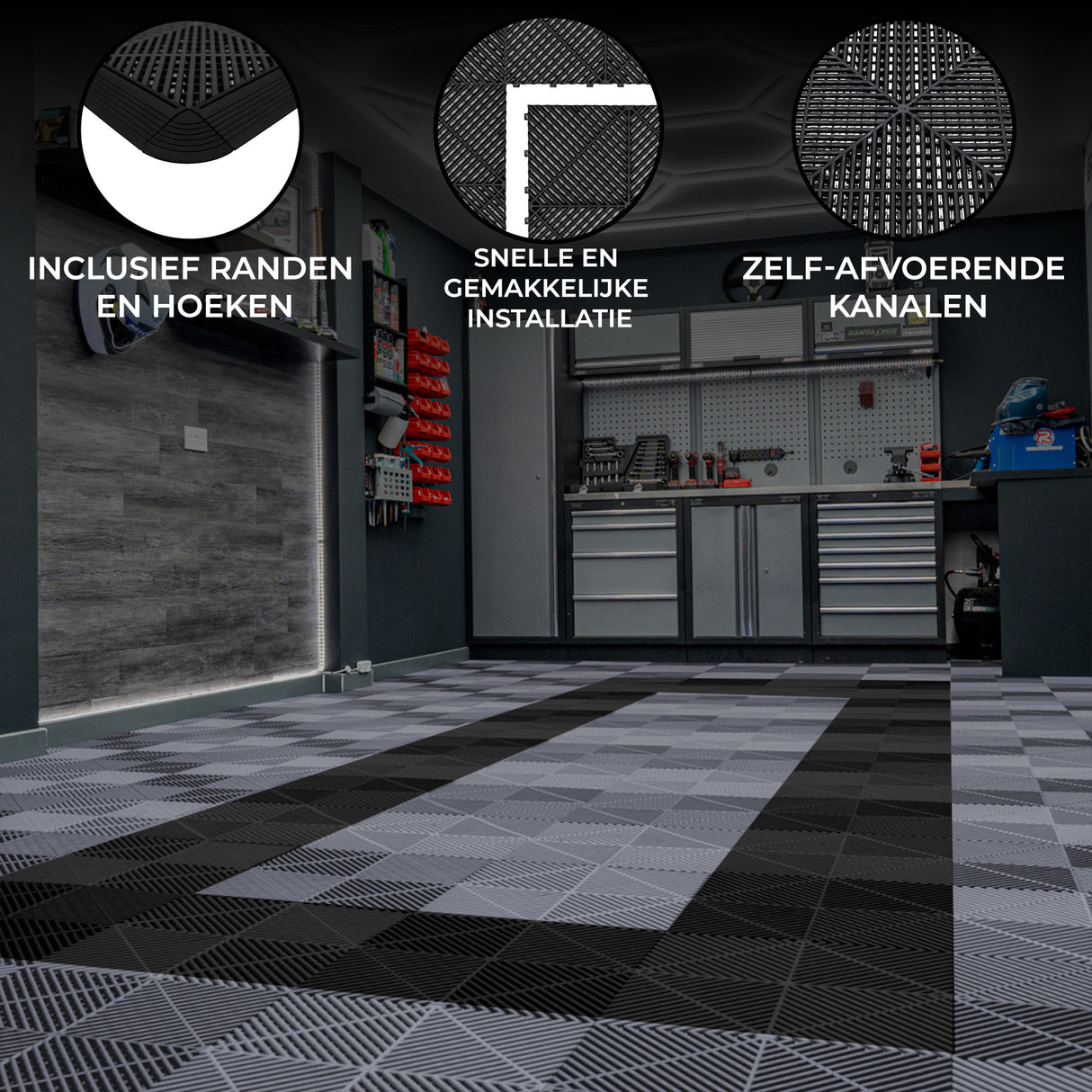 Geventileerde Kliktegels 6m x 6m voor Garage en Werkplaatsen, Antislip - 165 Grijs en 60 Zwart