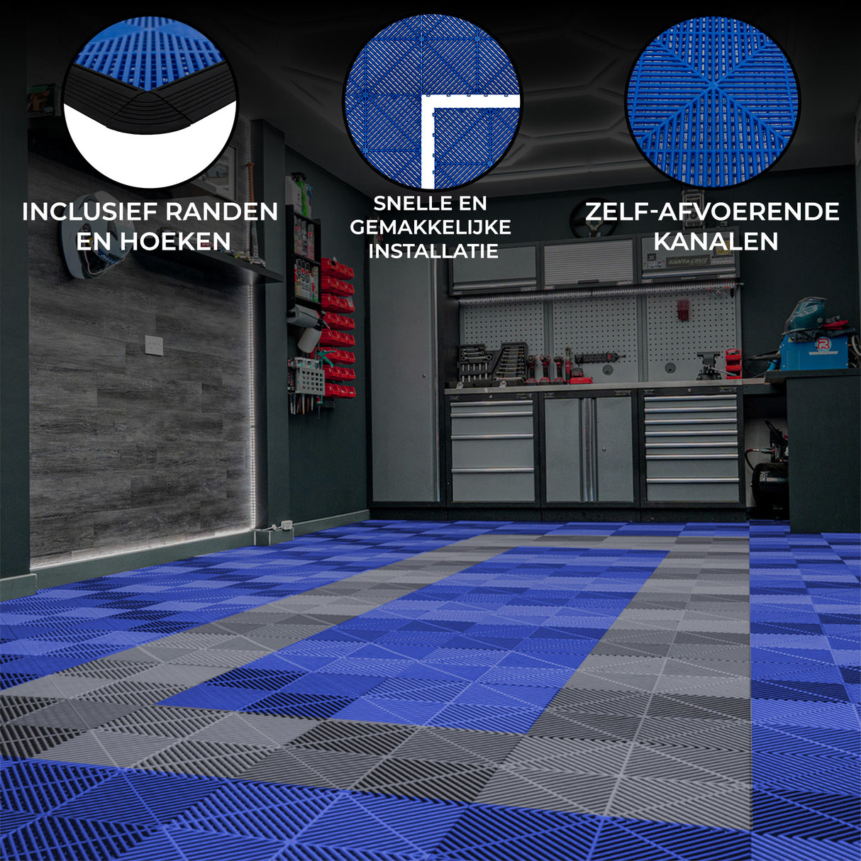 Geventileerde Kliktegels 3,2m x 6m voor Garage en Werkplaatsen, Antislip - 90 Blauw en 30 Grijs