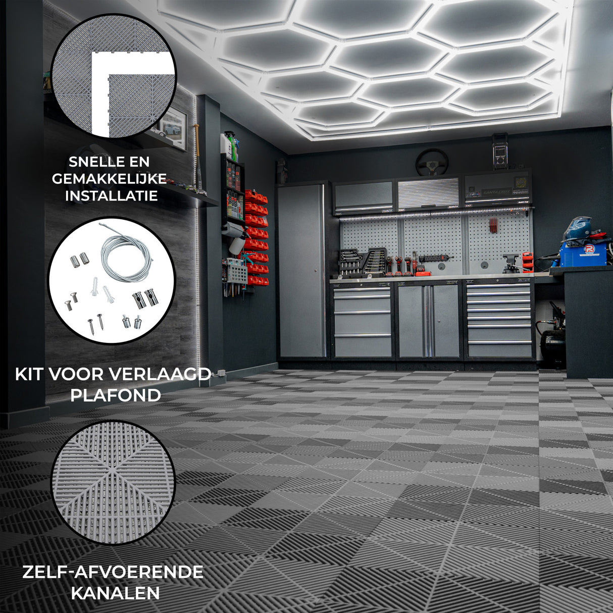 120 Grijze Modulaire Tegels + 14 Zeshoekige LED’s 6500K
