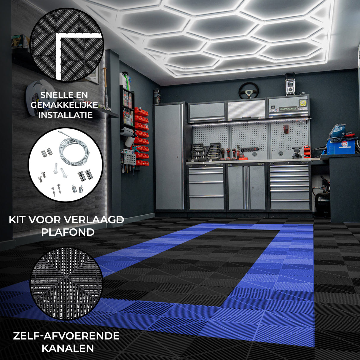 Hexagon LED-Verlichting & Geventileerde Garagevloertegels Met Randen - 90 Zwarte & 30 Blauwe Tegels