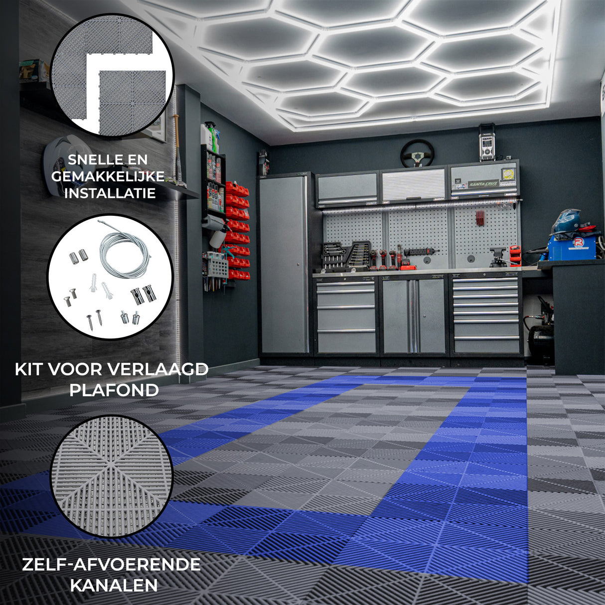 Hexagon LED-verlichting & Geventileerde Garagevloertegels Met Randen - 90 Grijze & 30 Blauwe Tegels
