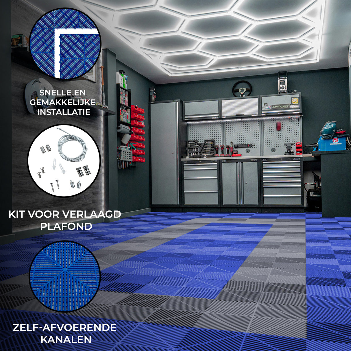 Hexagon LED-verlichting & Geventileerde Garagevloertegels Met Randen - 90 Blauwe & 30 Grijze Tegels