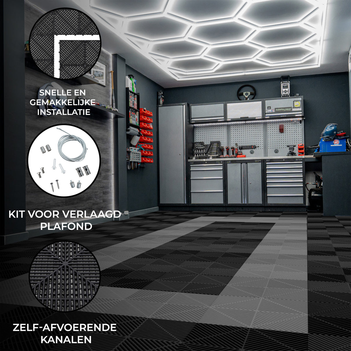 Hexagon LED-verlichting x 2 & Geventileerde Garagevloertegels x 165 Zwart & 60 Grijs met Randen