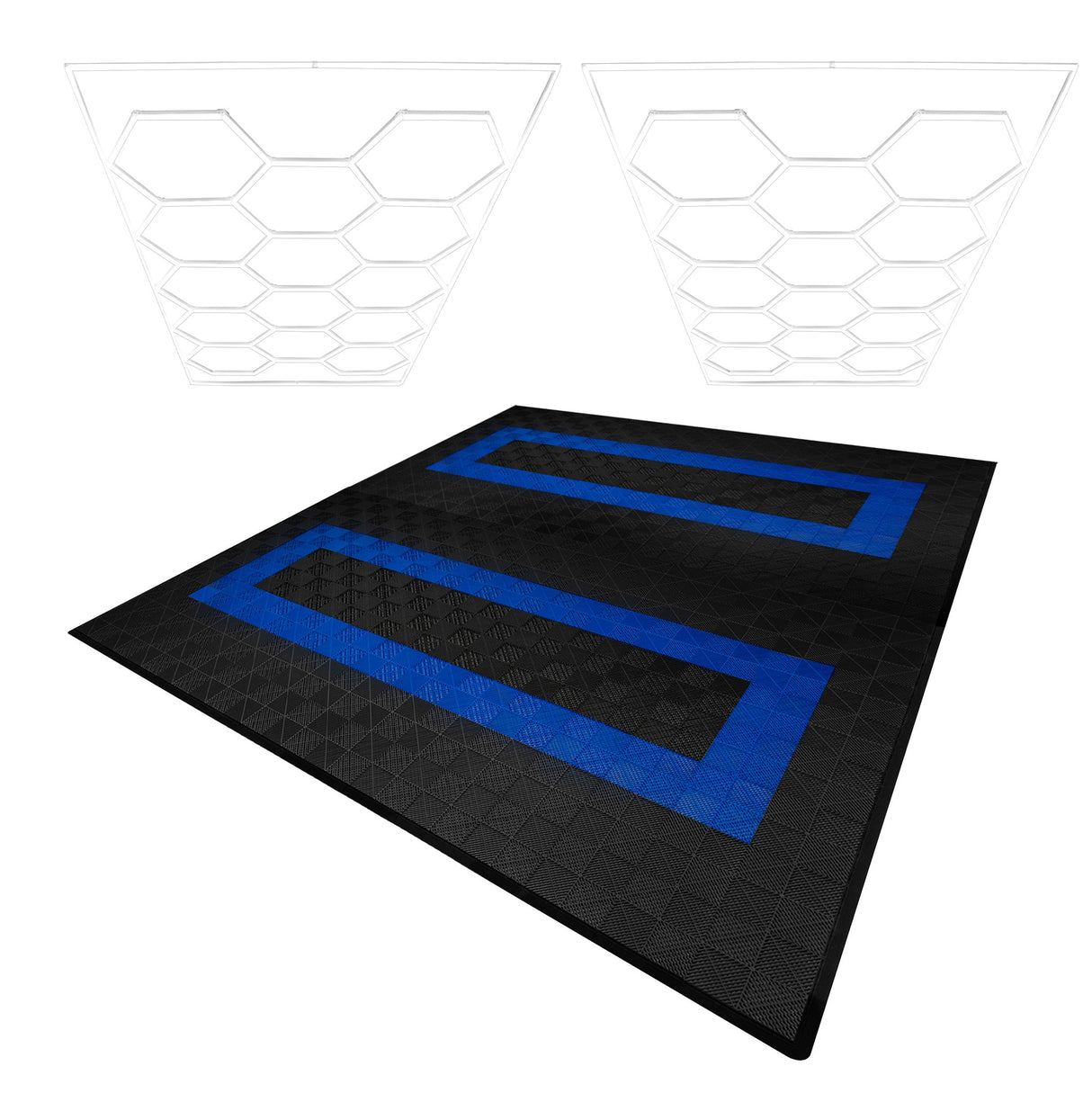Hexagon LED-verlichting x 2 & Geventileerde Garagevloertegels x 165 Zwart & 60 Blauw met Randen