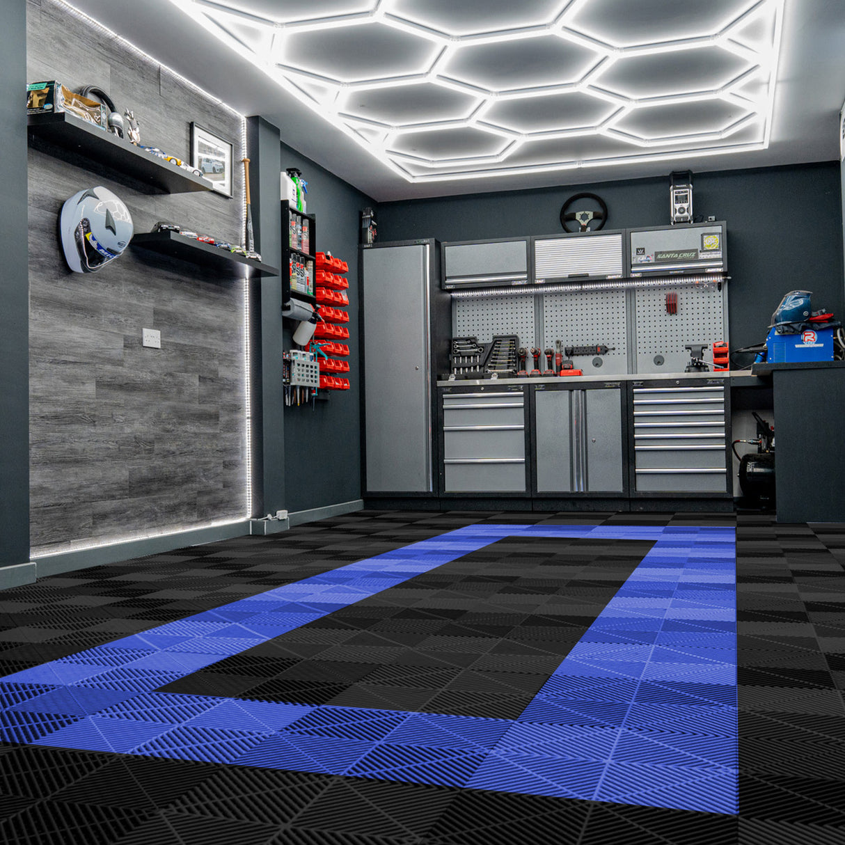Hexagon LED-verlichting x 2 & Geventileerde Garagevloertegels x 165 Zwart & 60 Blauw met Randen