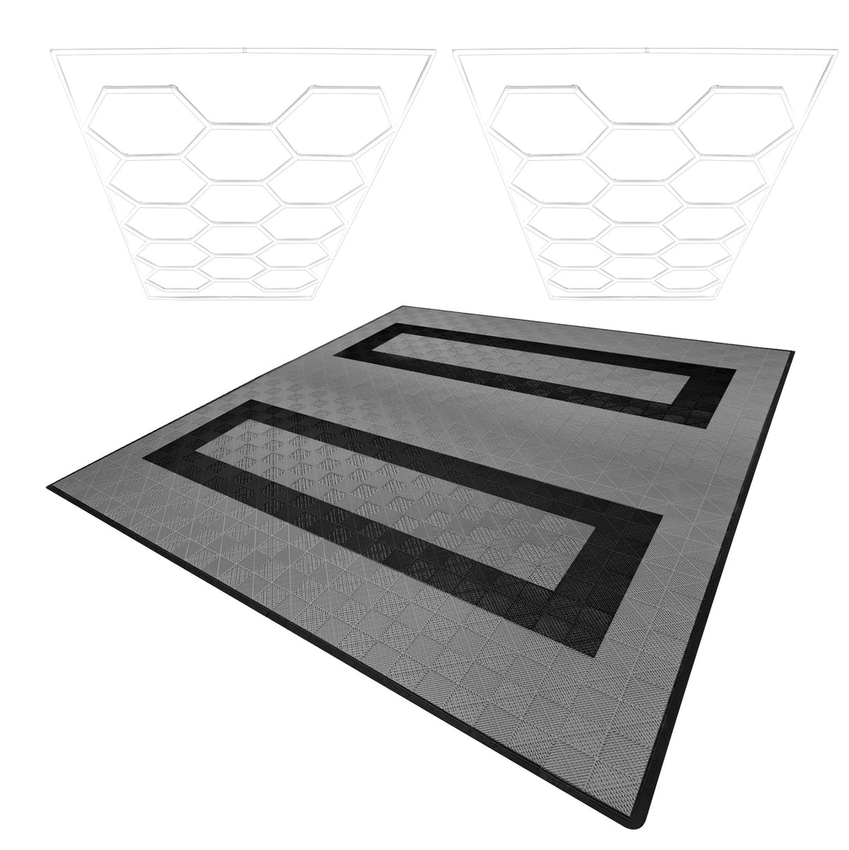 Hexagon LED-verlichting x 2 en Geventileerde Garagevloertegels met Randen - 165 Grijs & 60 Zwart