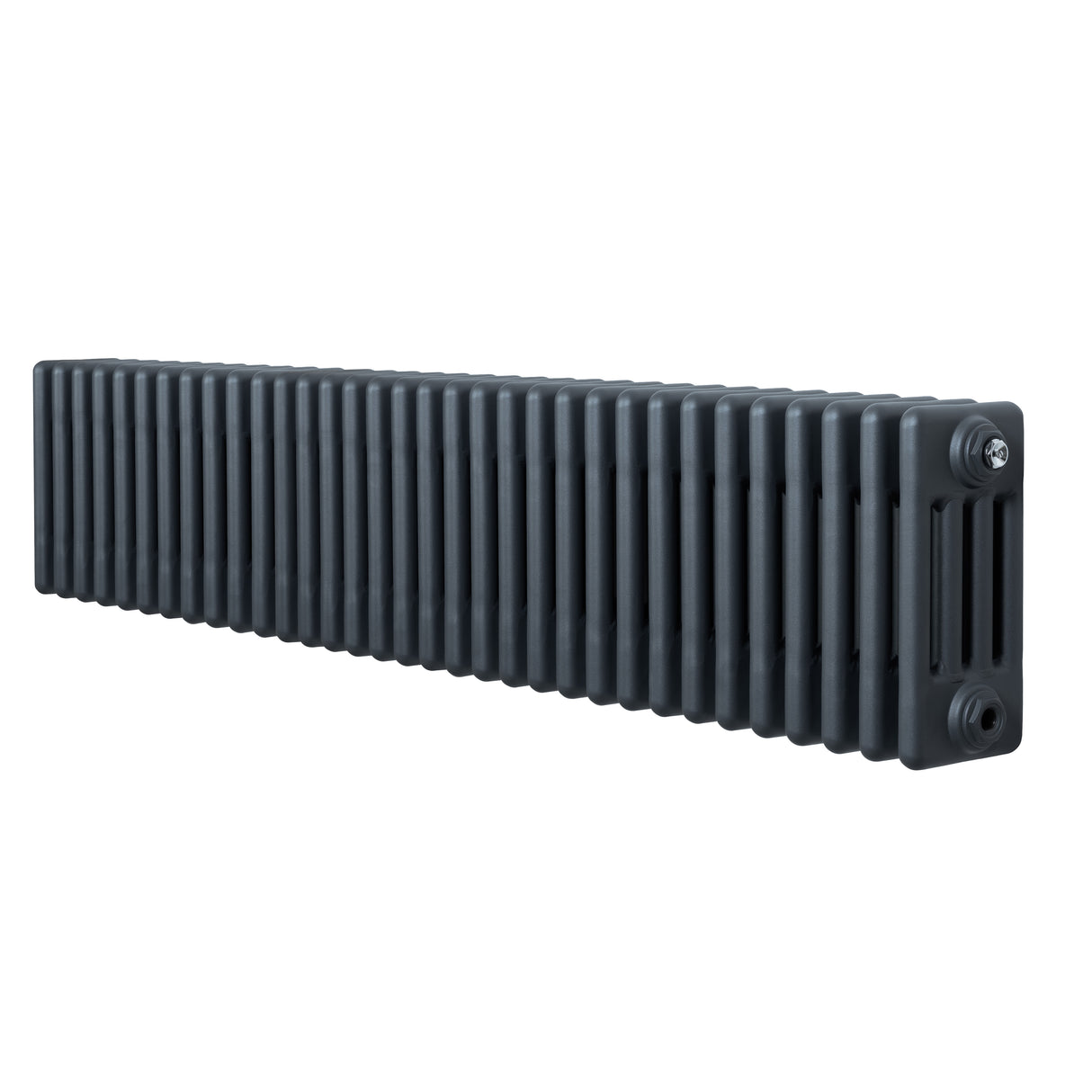 Traditionele 4-kolom radiator in antracietgrijs, 300 x 1505 mm, met een gestructureerd oppervlak en verticale ribben voor optimale warmteafgifte