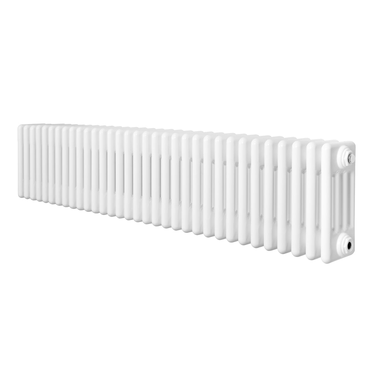 Traditionele 4-kolom radiator in wit, 300 x 1505 mm, met een gladde afwerking en rechte lijnen voor een klassieke uitstraling