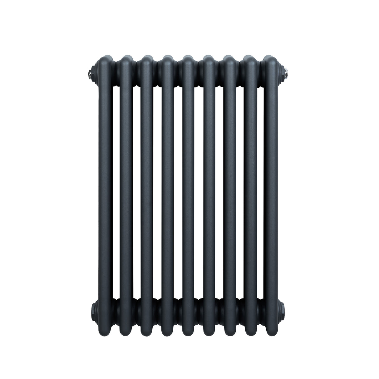Traditionele 4-kolom radiator in antraciet grijs, met een gladde, matte afwerking en een robuuste, cilindrische vorm