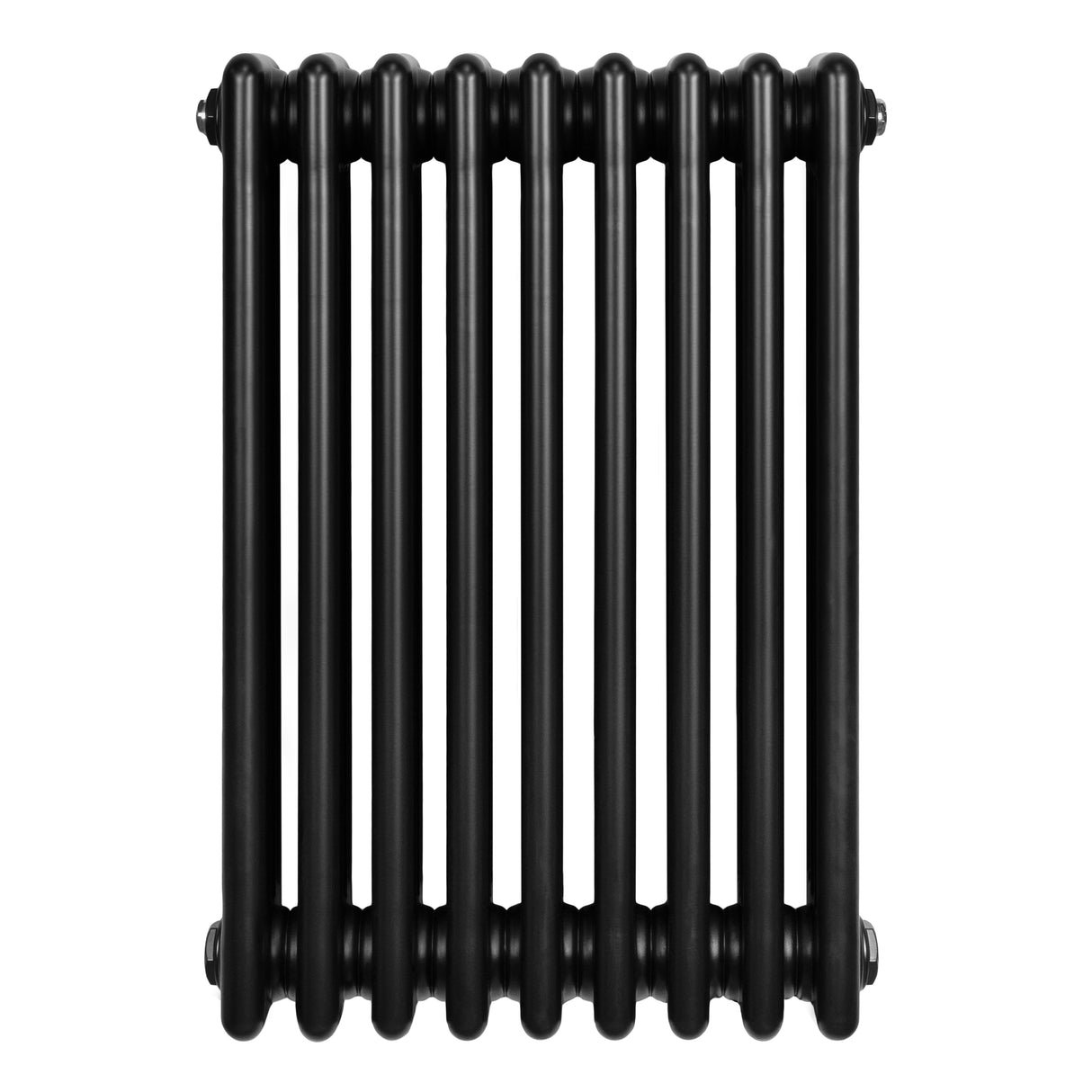 Traditionele zwarte 4-kolom radiator met een glanzende afwerking, rechthoekig ontwerp en ronde buizen voor optimale warmteafgifte
