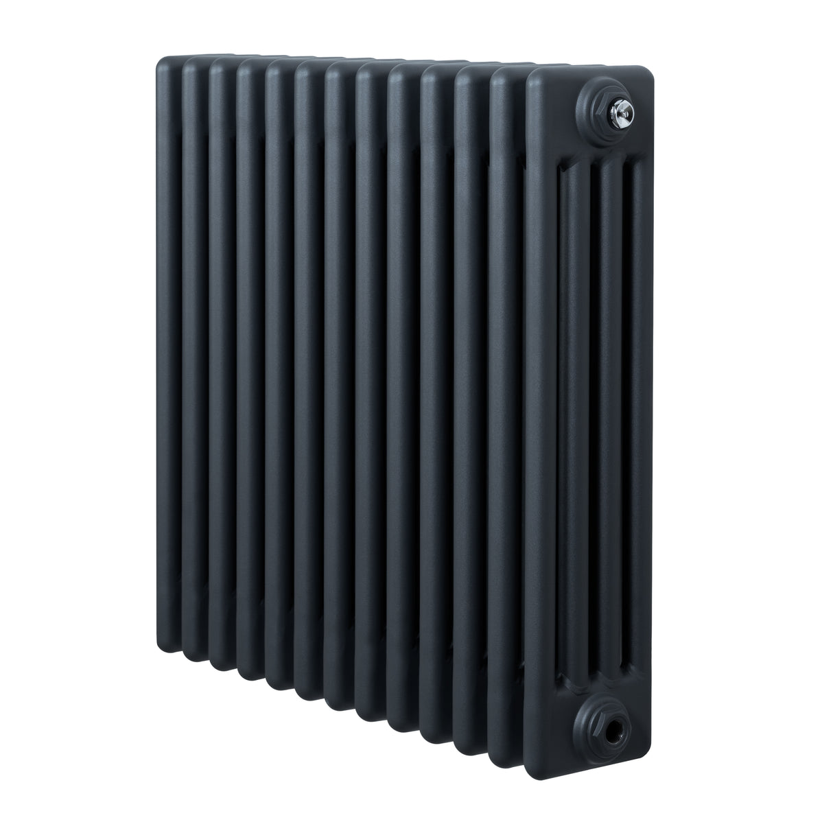 Traditionele antraciet grijze 4-kolom radiator met een strakke, verticale vorm en gladde, matte afwerking van 600 x 605 mm