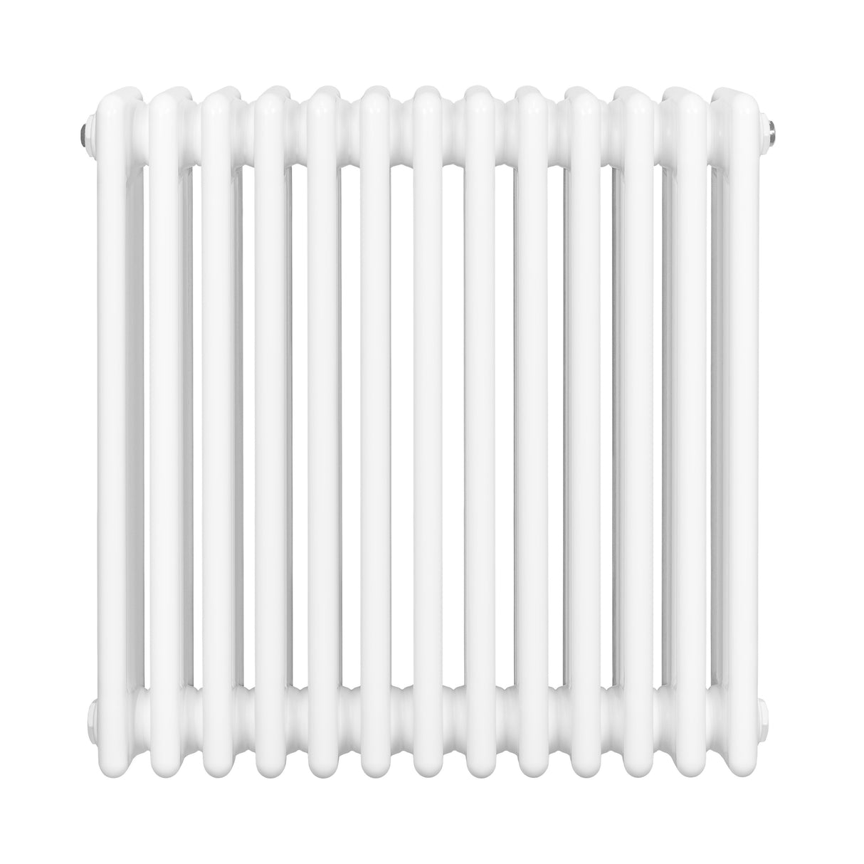 Traditionele witte 4-kolom radiator van 600 x 605 mm met een gladde, glanzende afwerking en ronde vormen voor een klassieke uitstraling