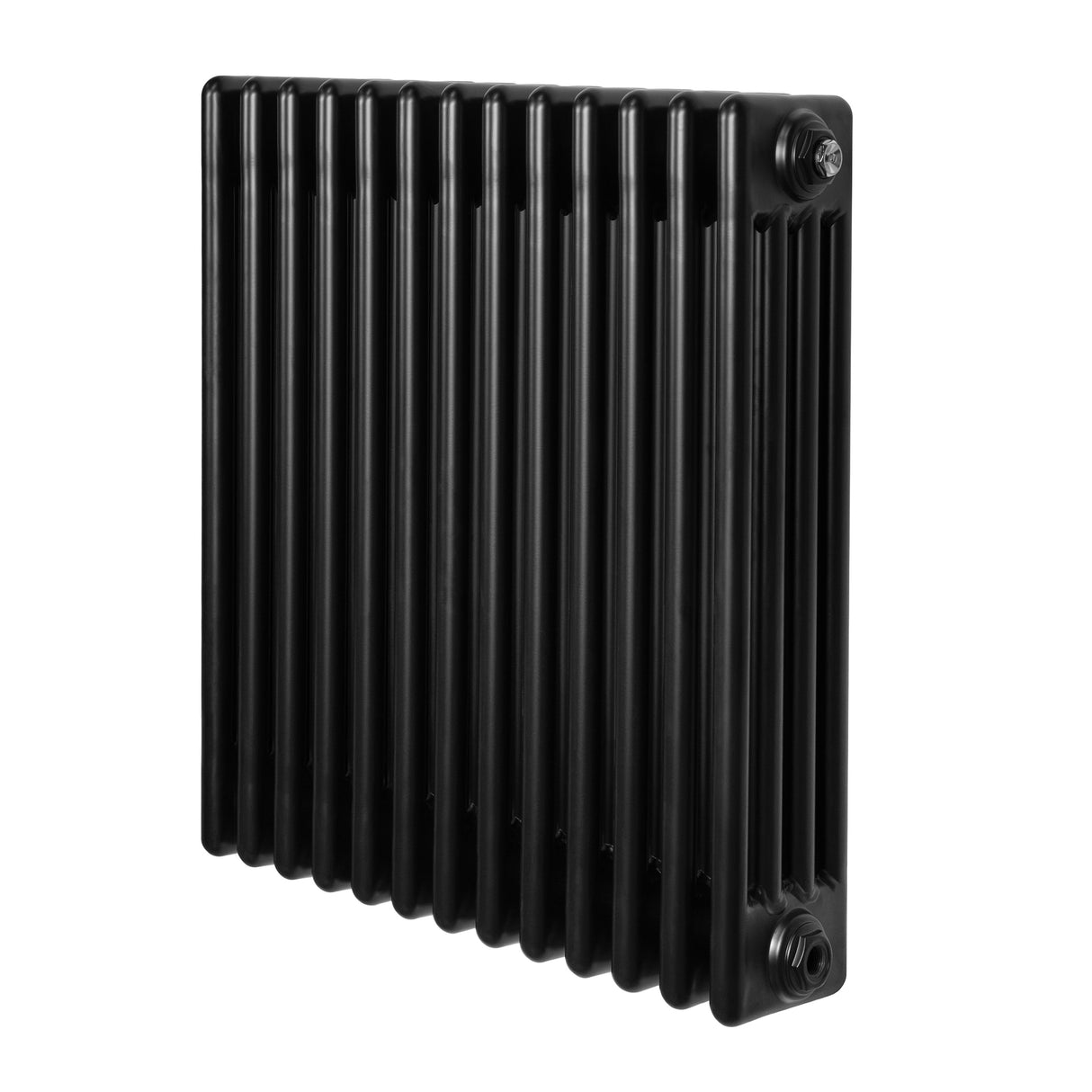 Traditionele zwarte 4-kolom radiator van 600 x 605 mm met een strakke, verticale ribbelstructuur en duurzame afwerking