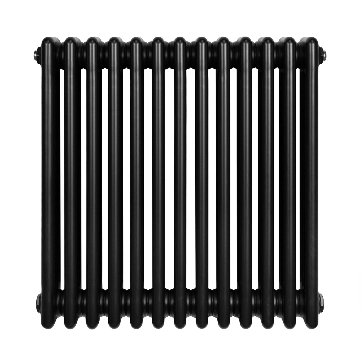 Traditionele zwarte 4-kolom radiator van 600 x 605 mm met een gladde, glanzende afwerking en ronde kolommen voor een vintage uitstraling