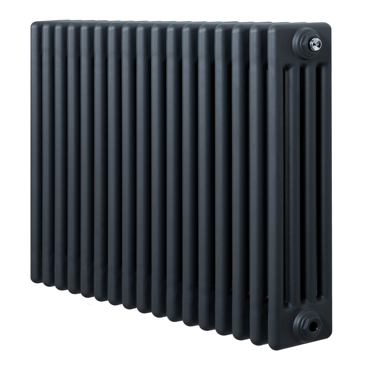 Traditionele 4-kolom radiator in antraciet grijs, met een strakke, verticale structuur en een gladde, matte afwerking