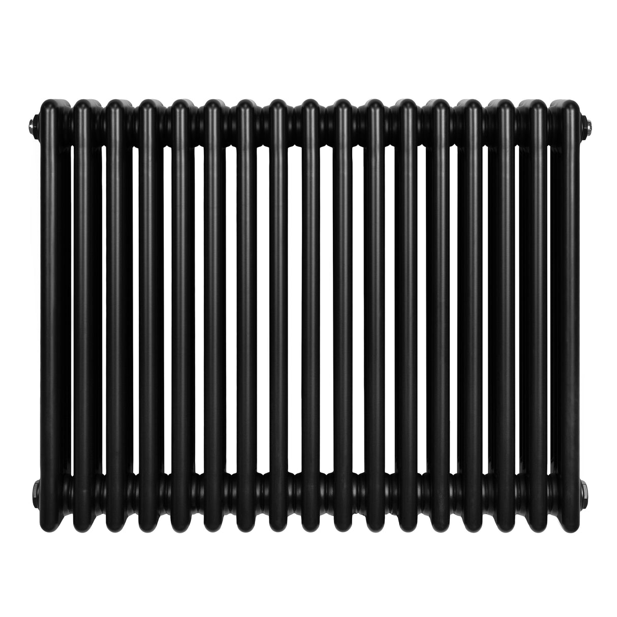 Traditionele zwarte 4-kolom radiator van 600 x 785 mm met een glanzende afwerking en ronde, stevige buizen voor optimale warmteafgifte