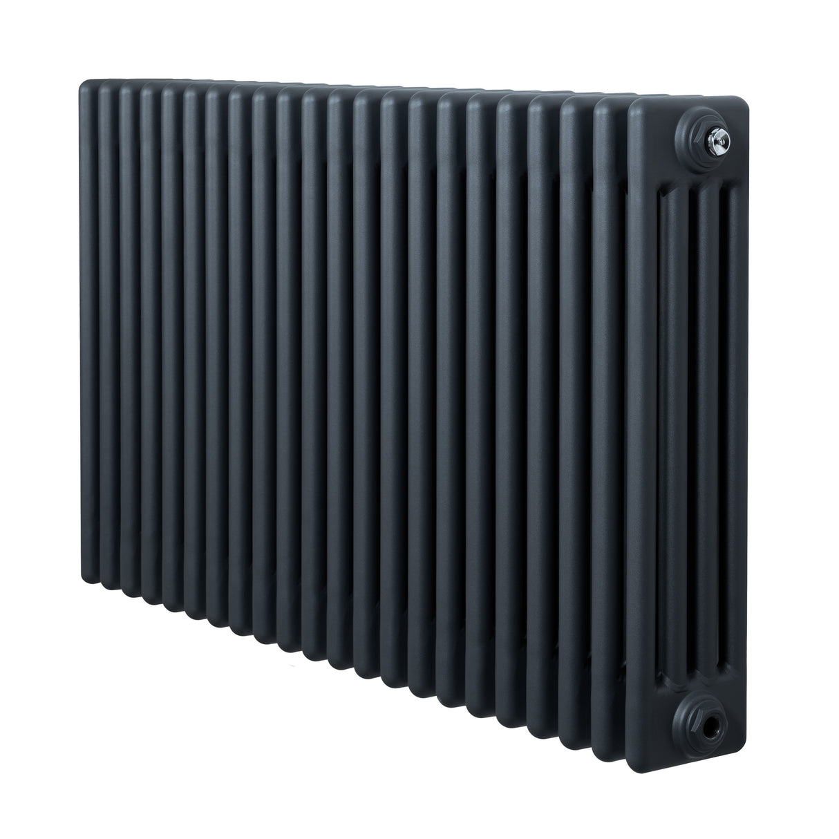 Traditionele 4-kolom radiator in antraciet grijs, met een strak, rechthoekig ontwerp en een gladde, matte afwerking