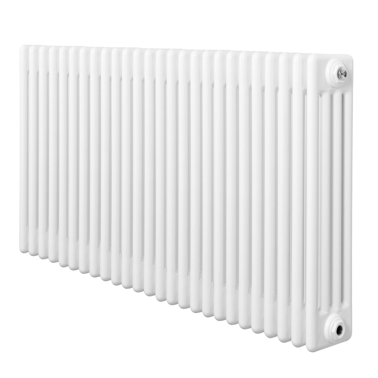 Traditionele witte 4-kolom radiator van 600 x 1190mm met een gladde, glanzende afwerking en rechte lijnen voor een klassieke uitstraling