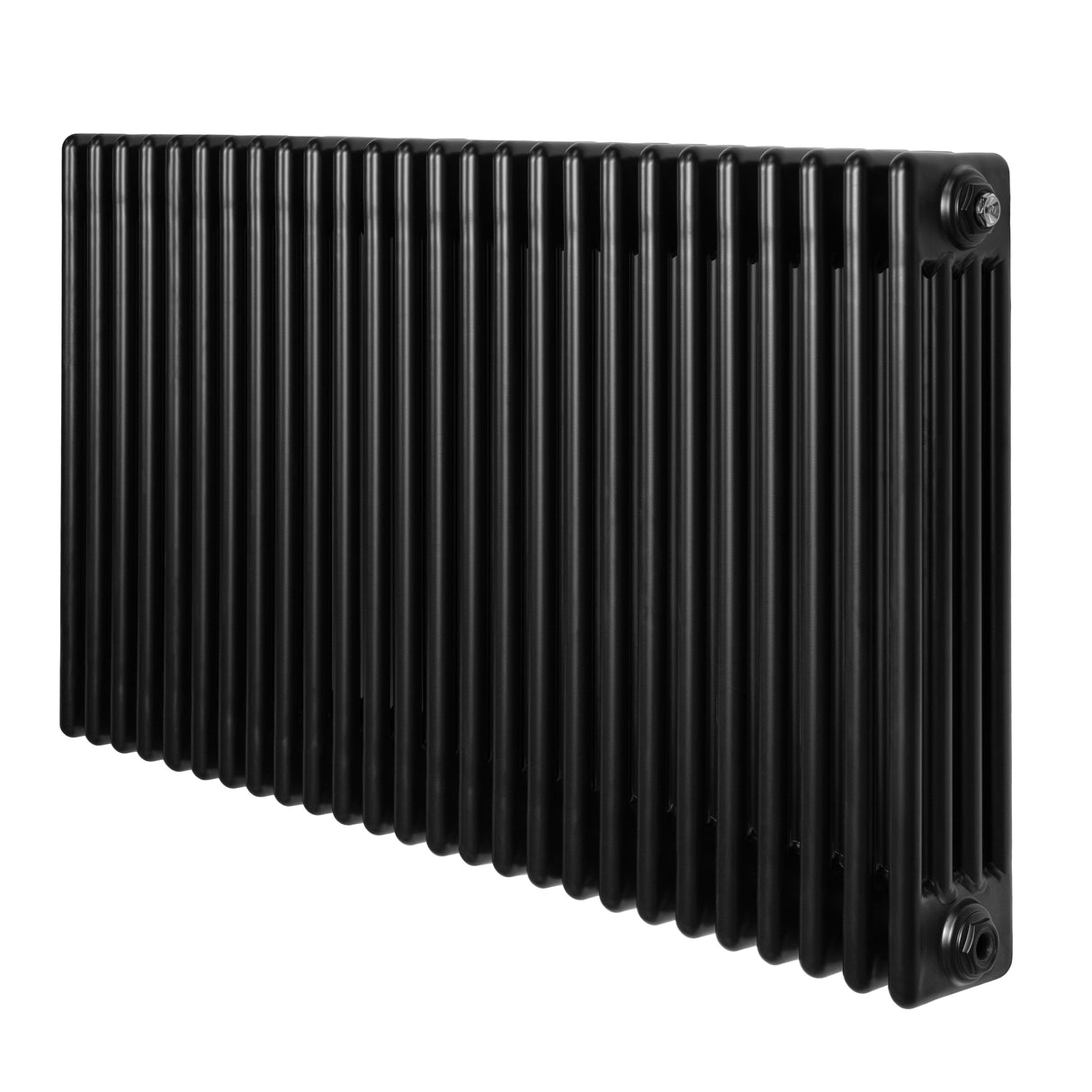 Traditionele zwarte 4-kolom radiator van 600 x 1190mm met een strakke, verticale ribbelstructuur en metalen afwerking