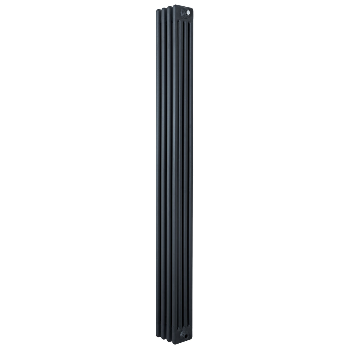 Traditionele antraciet grijze 4-kolom radiator van 1800 x 200mm met een strakke, verticale vorm en een matte afwerking