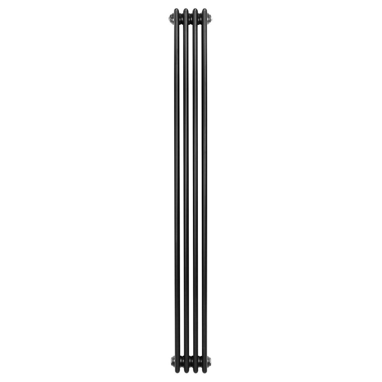 Traditionele zwarte 4-kolom radiator van 1800 x 200mm met een strakke, verticale vorm en een gladde, matte afwerking