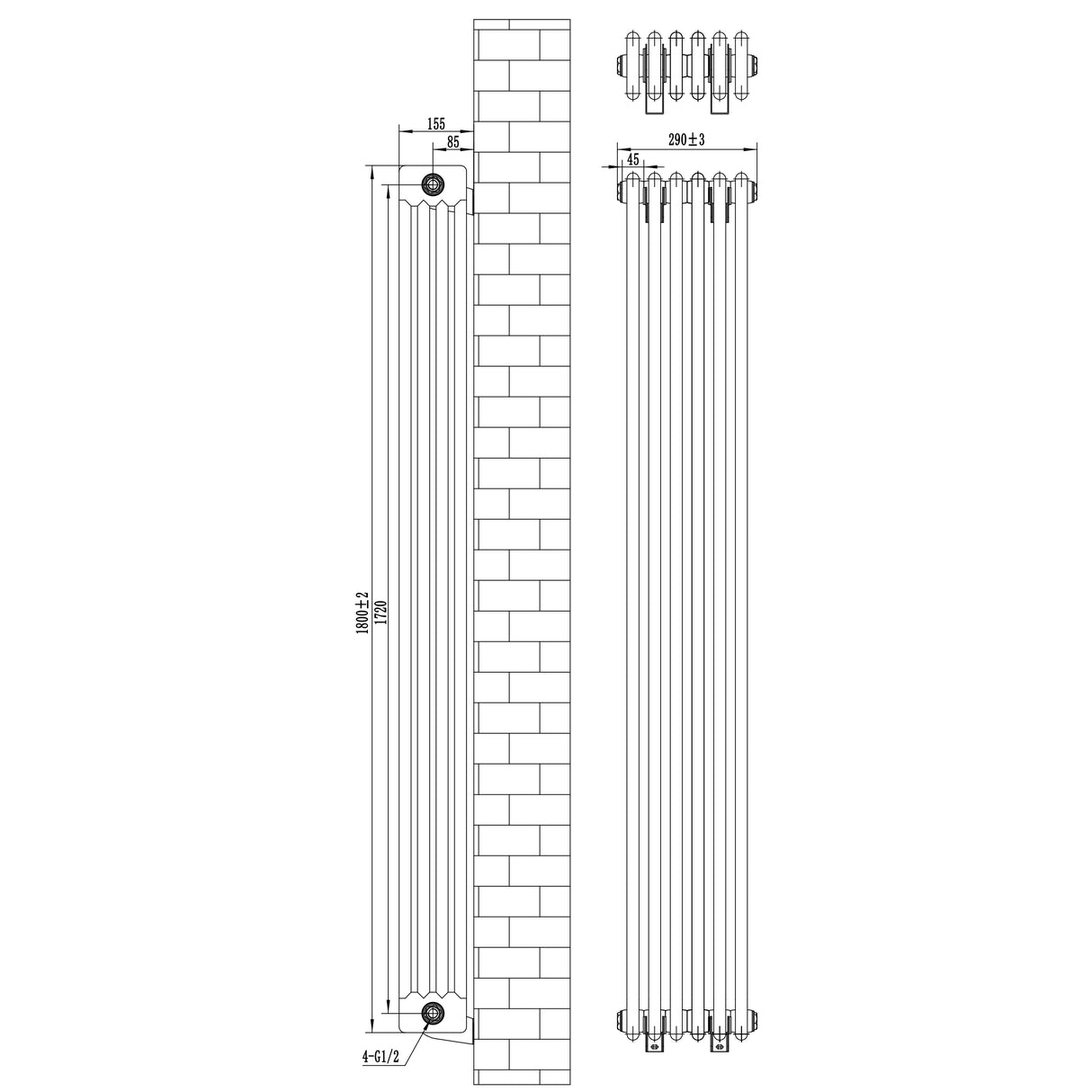 Traditionele 4-kolom radiator in antraciet grijs, 1800 x 290 mm, met een strakke, verticale vorm en gladde afwerking