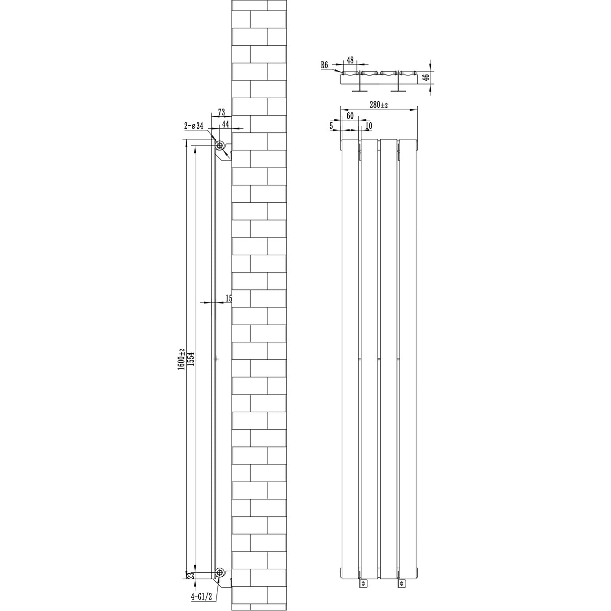 Zwart design radiator met vlakke panelen, 1 kolom, afmetingen 1600 x 280mm, strak en modern ontwerp voor efficiënte verwarming