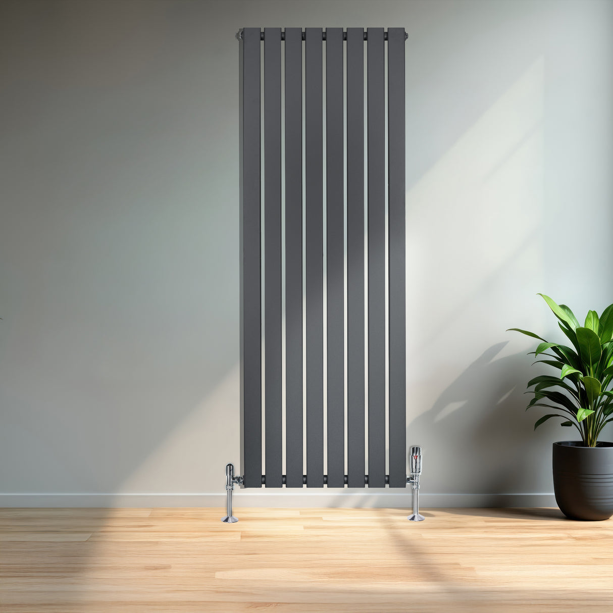 Vlakke design radiator met antraciet grijze panelen, 1 kolom, 1600 x 560mm, geplaatst tegen een lichte muur met een groene plant ernaast